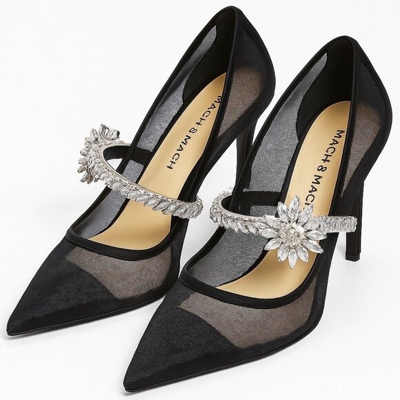 MACH & MACH Shoes - Mach & Mach Lotus Pumps Black Mesh Crystal Embellished Heels Size 39.5 US 9.5